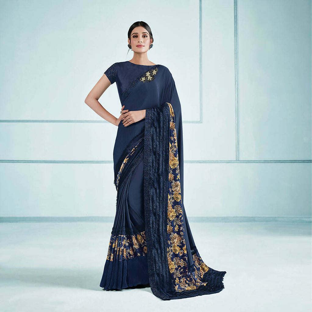 Blue Lycra sequence Saree with Unstitched Blouse Piece - Norita Elaura
