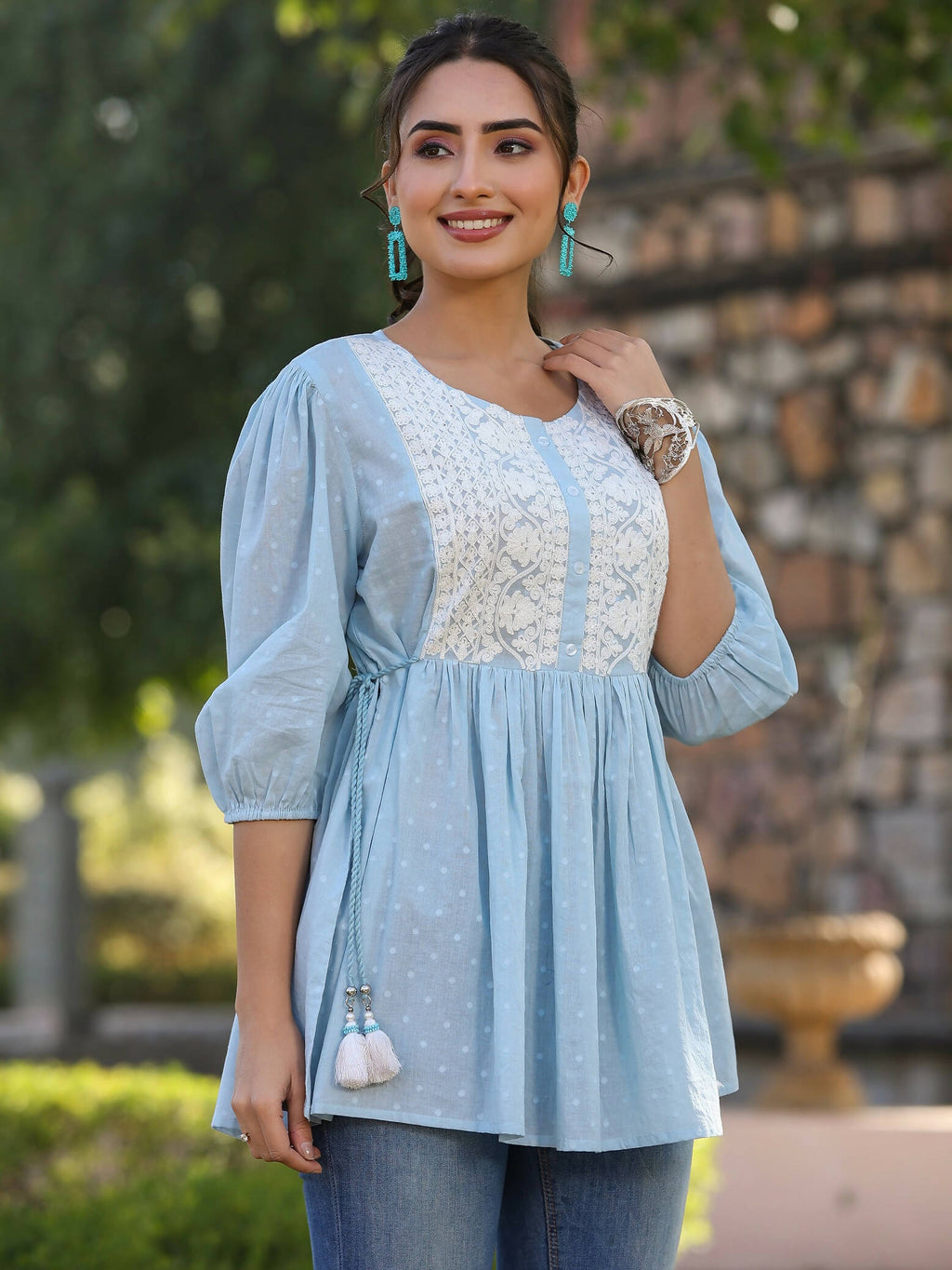 Juniper Women's Blue Cotton Dobby Solid With Embroidered Straight Tunic