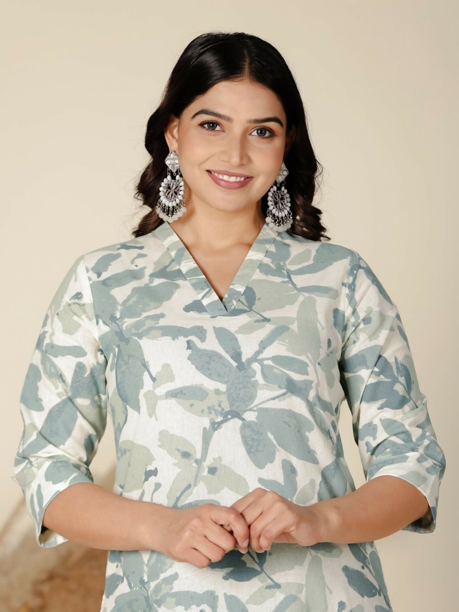 Aramya Green Linen Cotton Foliage Straight Kurta for Women