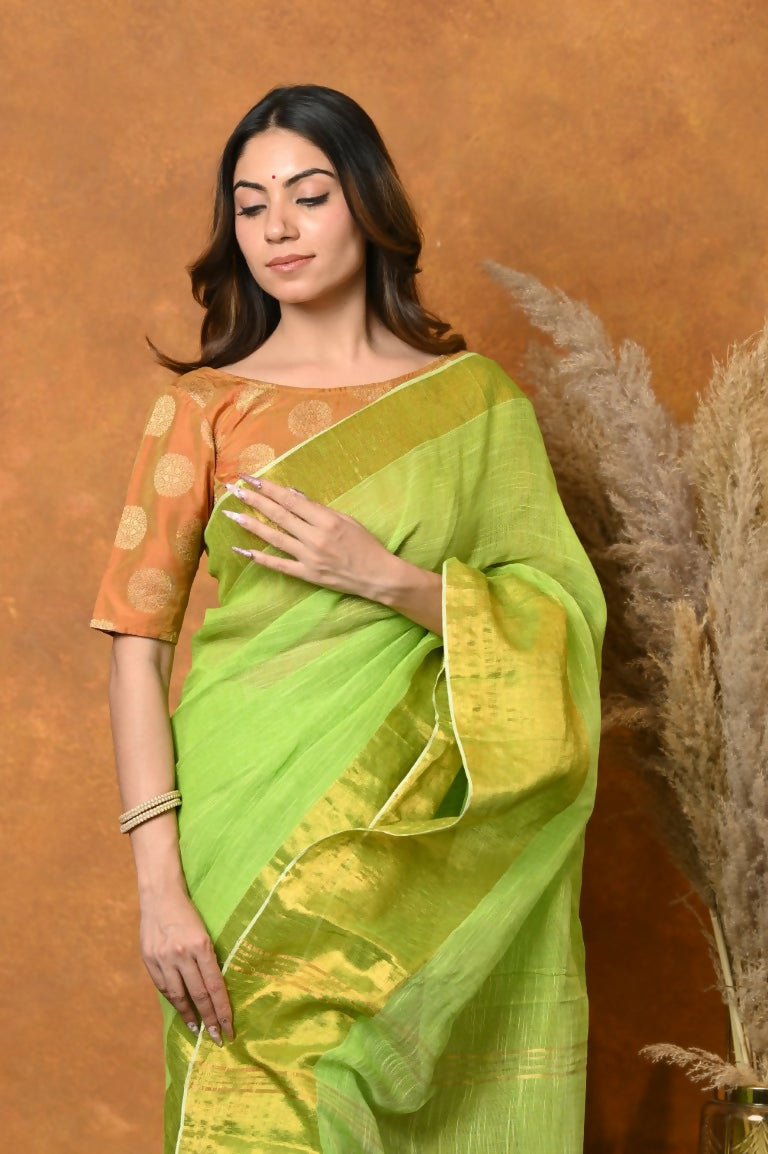 Very Much Indian Handloom Pure Cotton Linen Saree With Golden Border - Light Green