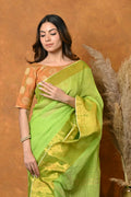 Very Much Indian Handloom Pure Cotton Linen Saree With Golden Border - Light Green