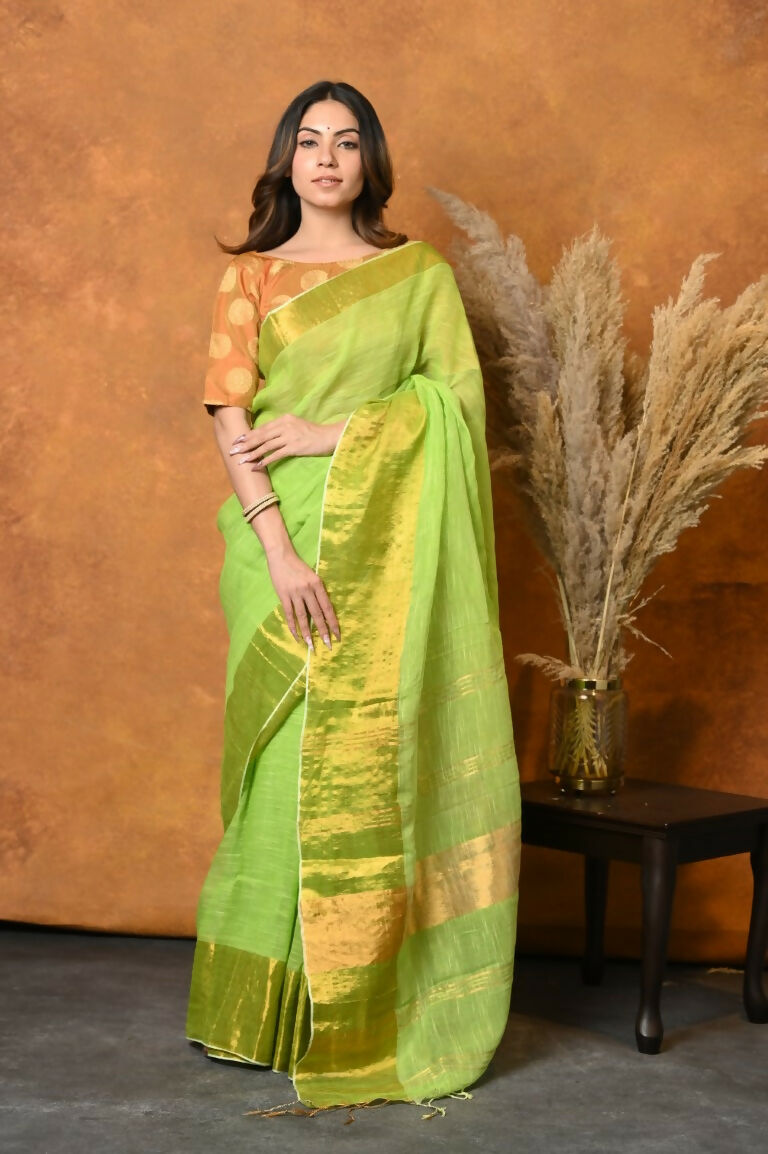 Very Much Indian Handloom Pure Cotton Linen Saree With Golden Border - Light Green