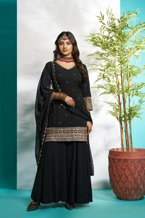 Aayaa Designer Faux Gorgette Embroidery Zari Sequins Thread work Full Flaired plazzo Suit with Dupatta - Black
