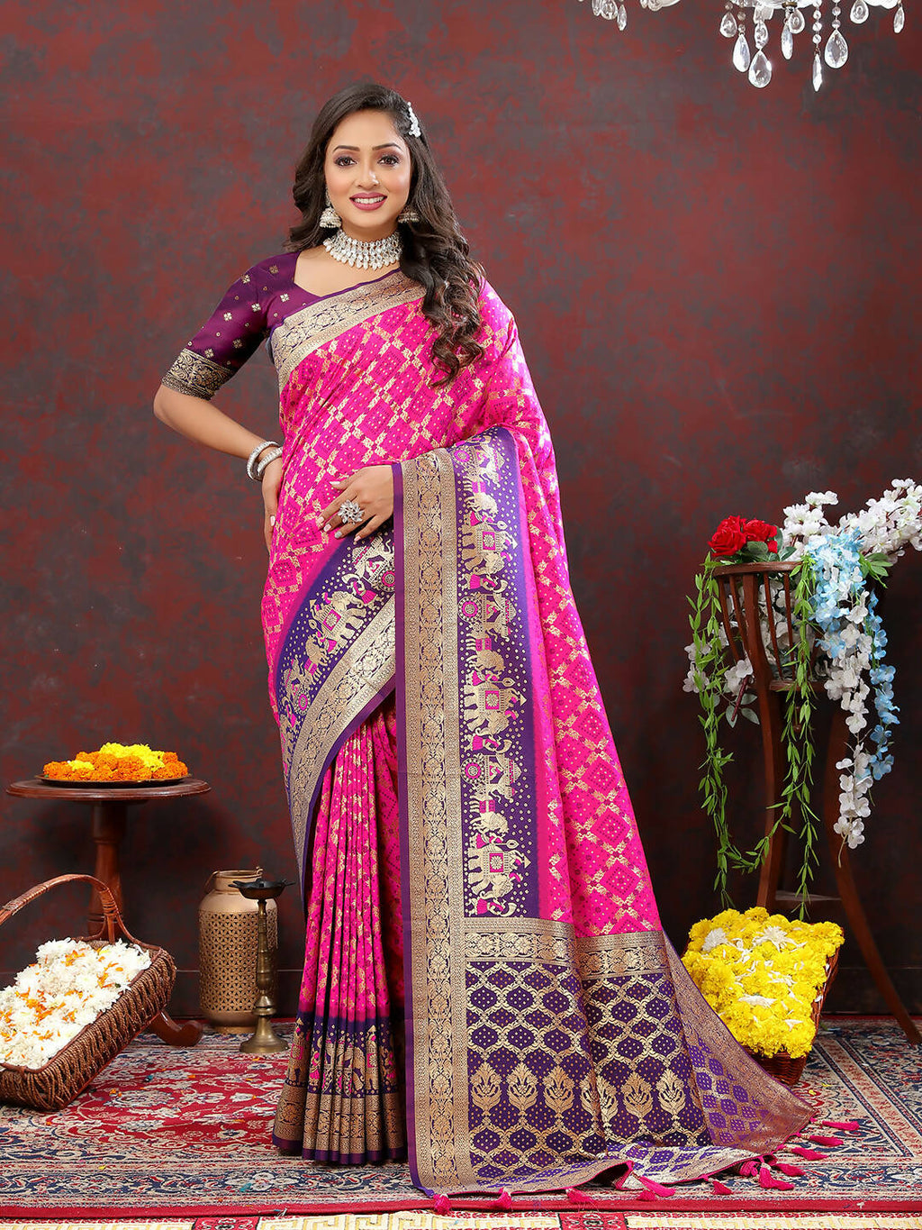 Lorenvalley Fashion Magenta & Wine Patola Silk Woven Design Meenakari Weaving Saree