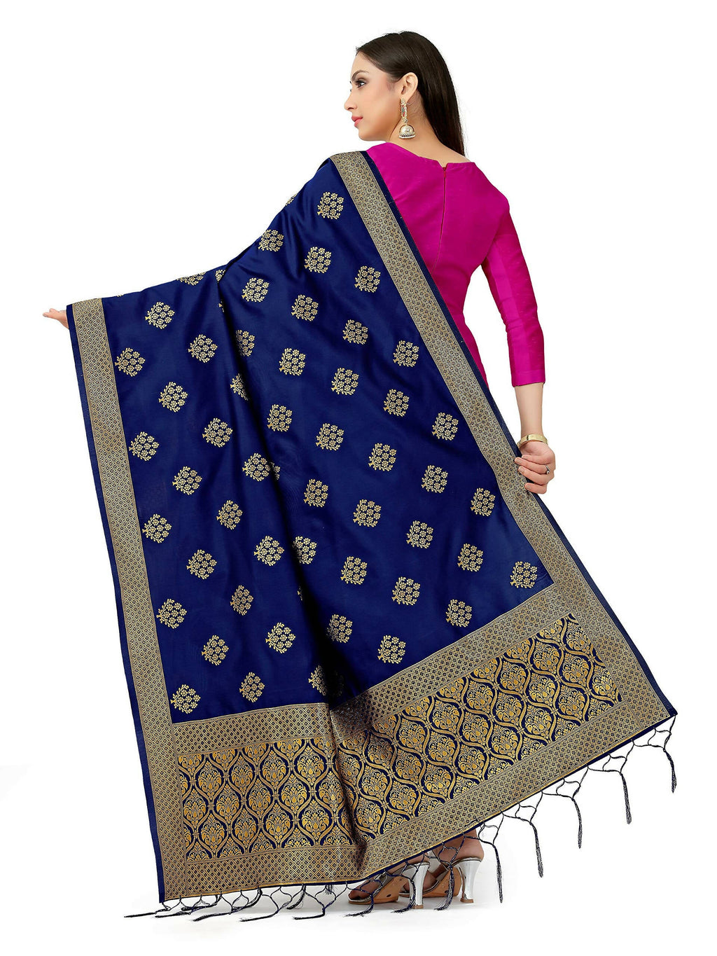 Mimosa Women's Floral Art Silk Navy Blue Dupatta