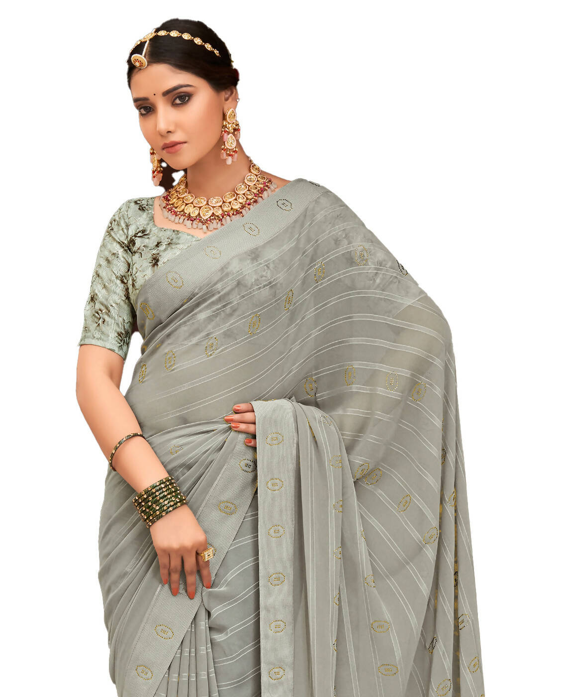 Grey Georgette Swaroski Work Saree With Unstitched Blouse Piece - Juhi