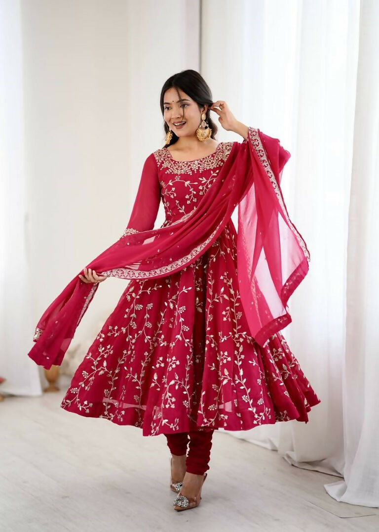 Teeya Creation Red Color Heavy Faux Georgette Embroidery Work Gown