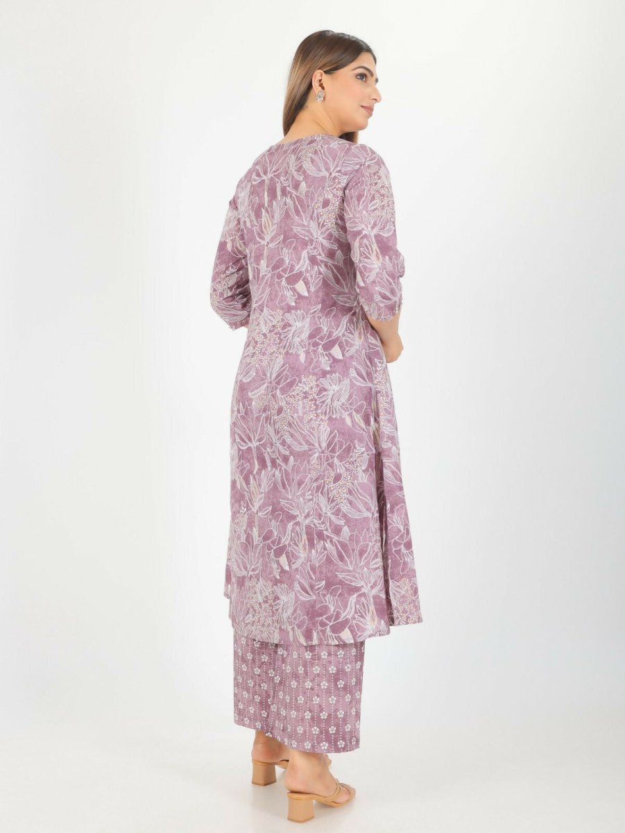 Aramya Purple Soft Cotton Gold Foil Print A-line Kurta Set for Women