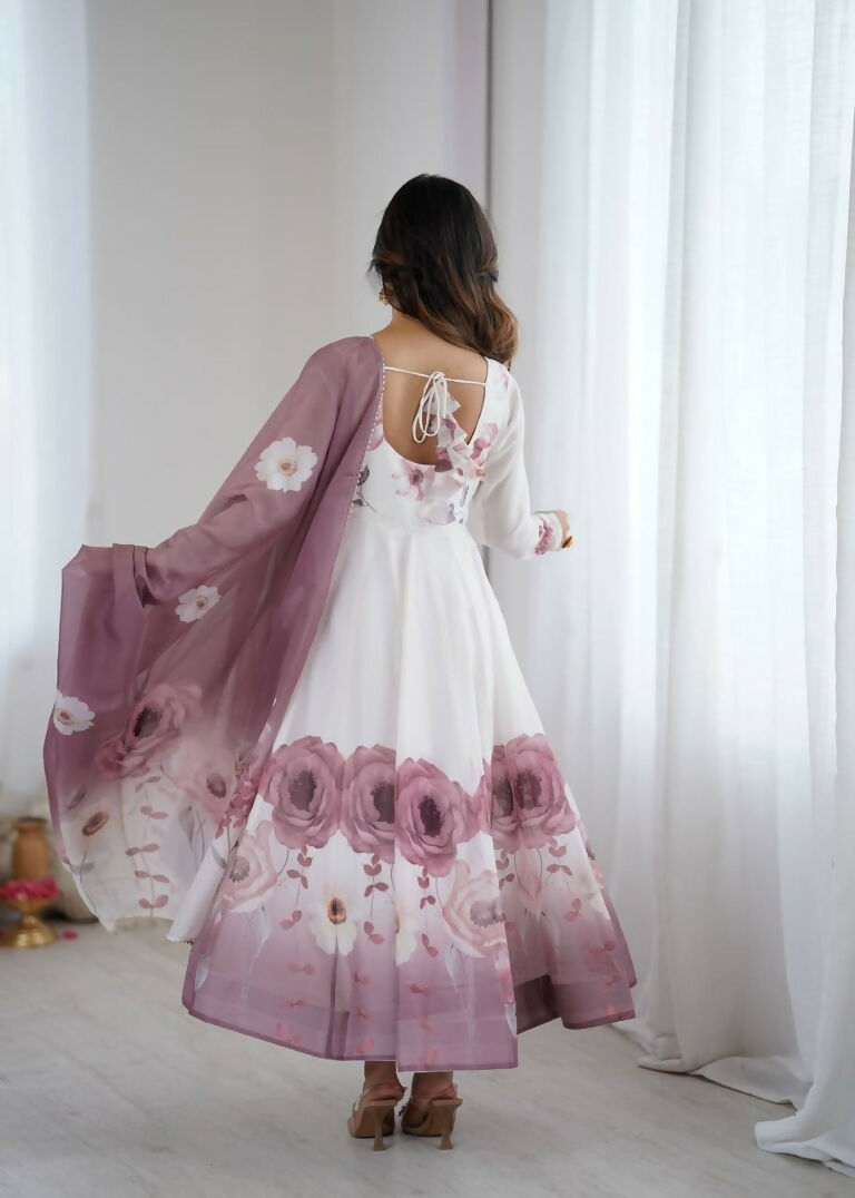 Teeya Creation Onion Color Soft organza Silk Digital Print Party Wear Gown