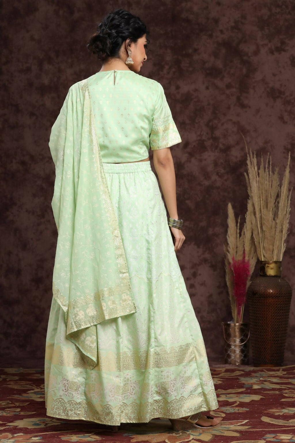 Juniper Women Mint Shantoon Embroidered Flared Lehenga Choli Sets