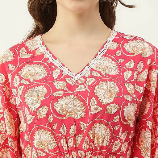 FIORRA Women's Printed Pure Cotton Kaftan Kurta - Red