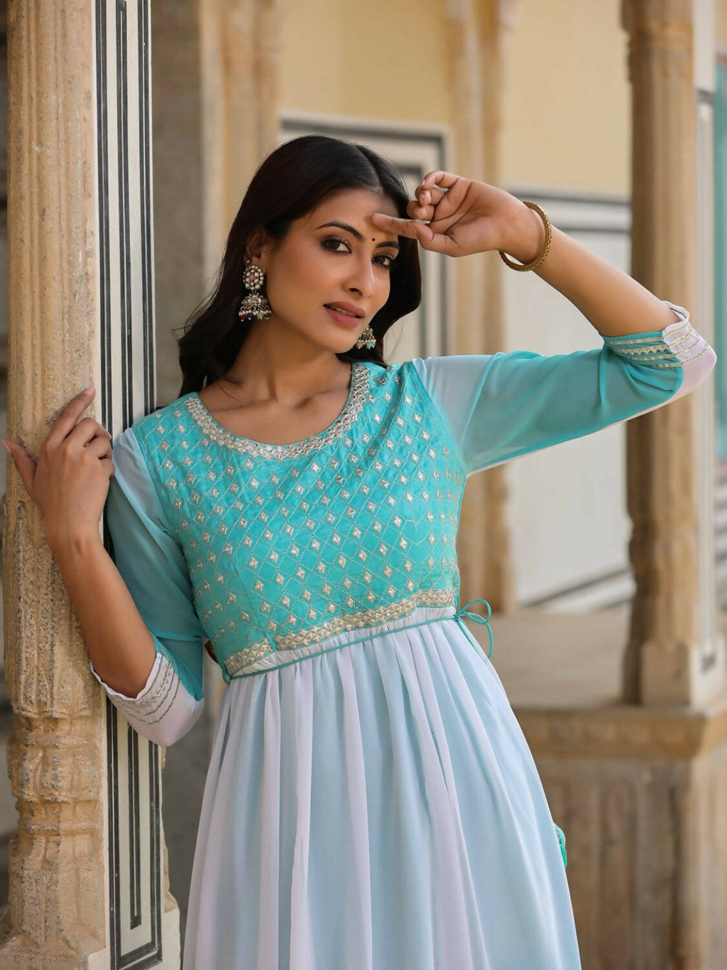 Juniper Women Teal Georgette Embroidered Maxi Dress