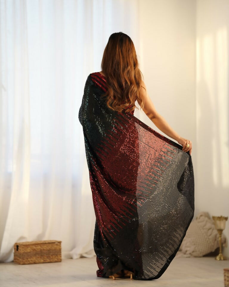 Black Georgette Designer Sequence Embroidery Work Saree - Radhe