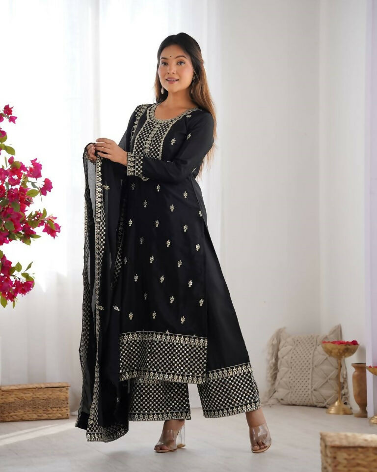 Teeya Creation Black Color Pure Chinnon Silk Embroidery Work Functional Wear Salwar Suit