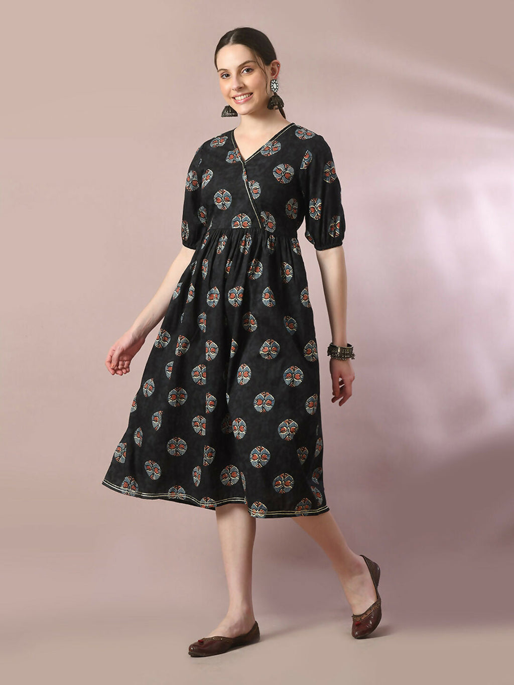 Myshka Women's Black Printed Cotton V-Neck Empire Party Dress