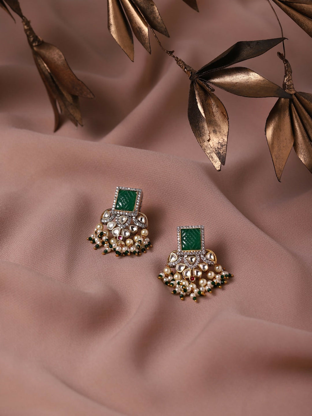 Diamond & Semi Precious Stone Green Earrings- Ruby Raang