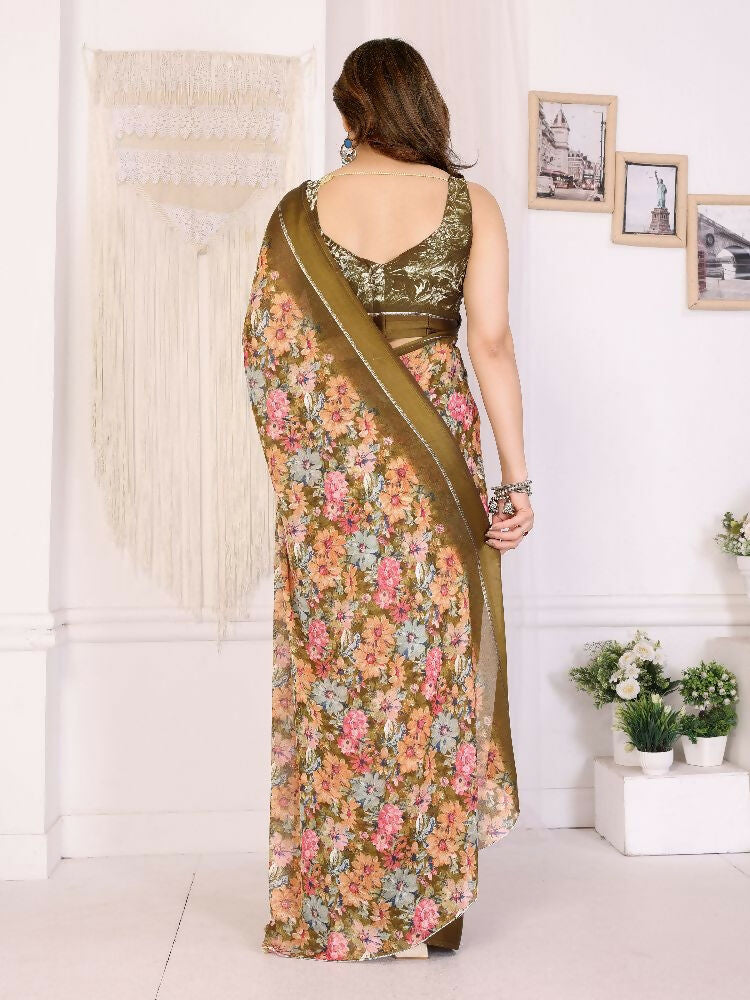 PR Fashion Cream Bright Moss Satin Patta Printed Saree