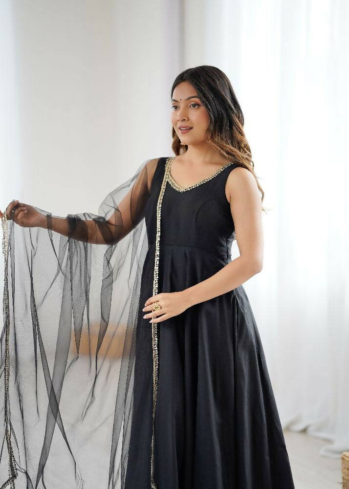Joban Fashion Black Kurta Set Chanderi Sequence Embroidery Work