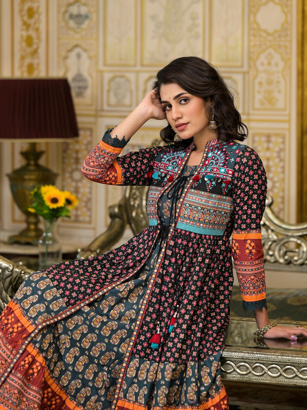 Juniper Women's Black Ethnic Motif Printed Cotton Dress With Coins Thread & Mirror Work