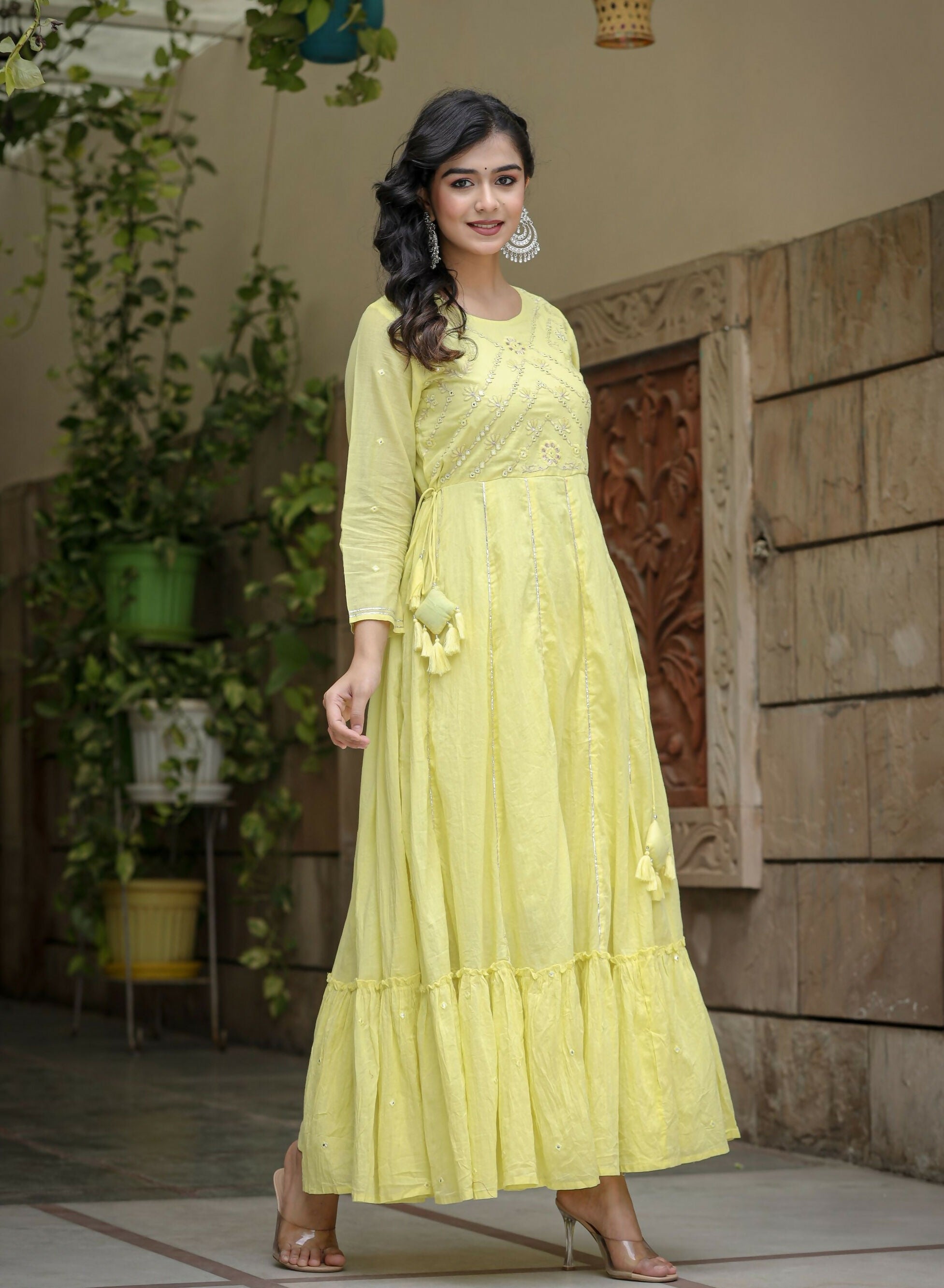 Kaajh Women's Yellow Mirror Embroidered Cotton Dress
