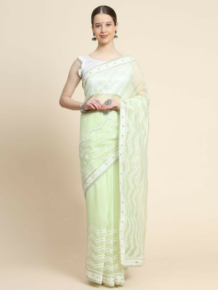 Vamsee Banno Lehriya Yellow Organza Saree