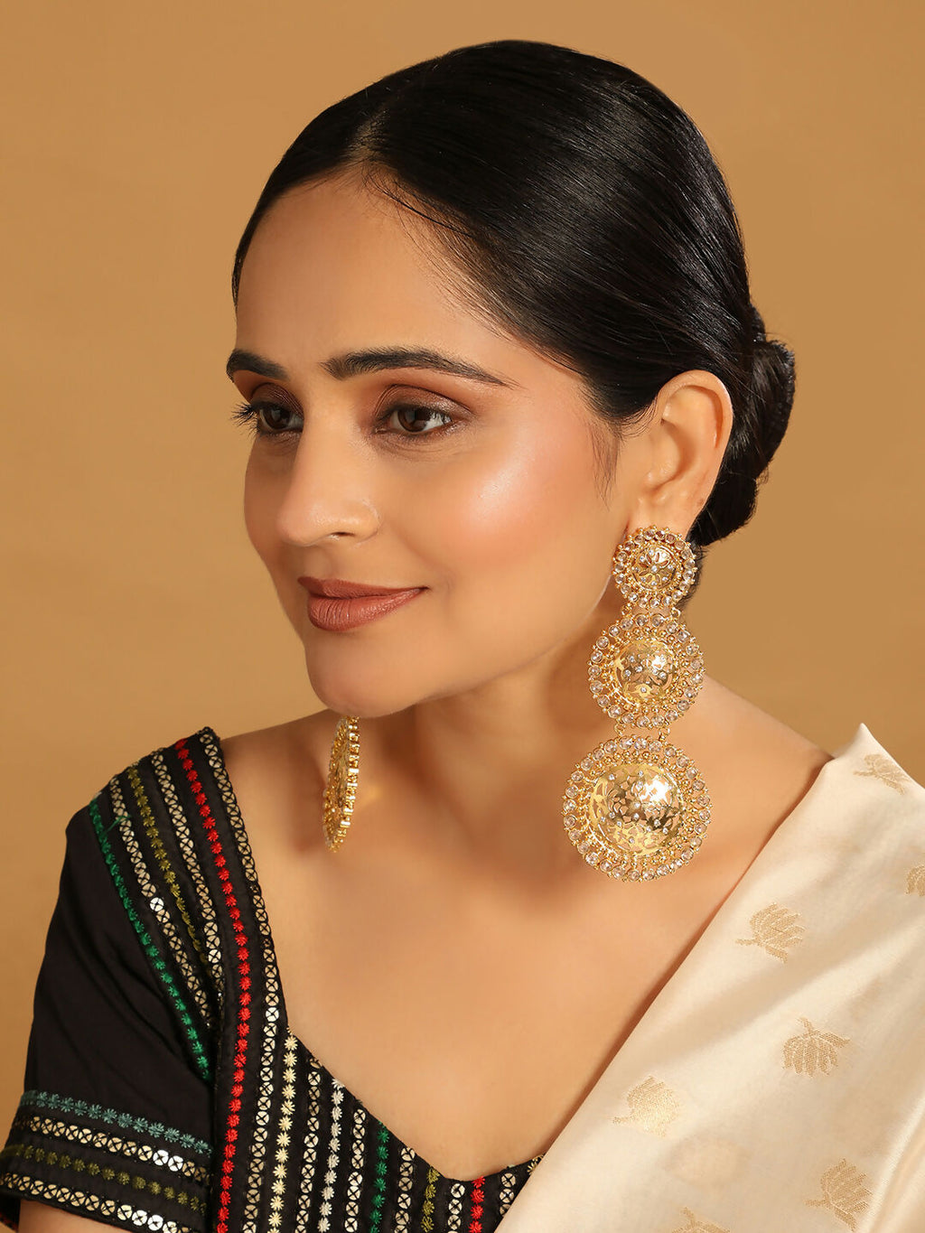 Nuyug 22K Gold Plated Stone Studded Contemporary Shaped Drop Earrings
