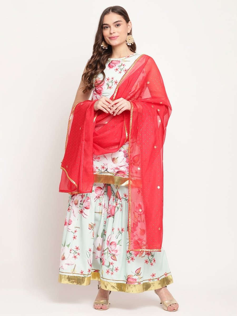 Ahalyaa Women's Mint Green Crepe Digital Floral Print Kurta Sharara Set with Dupatta