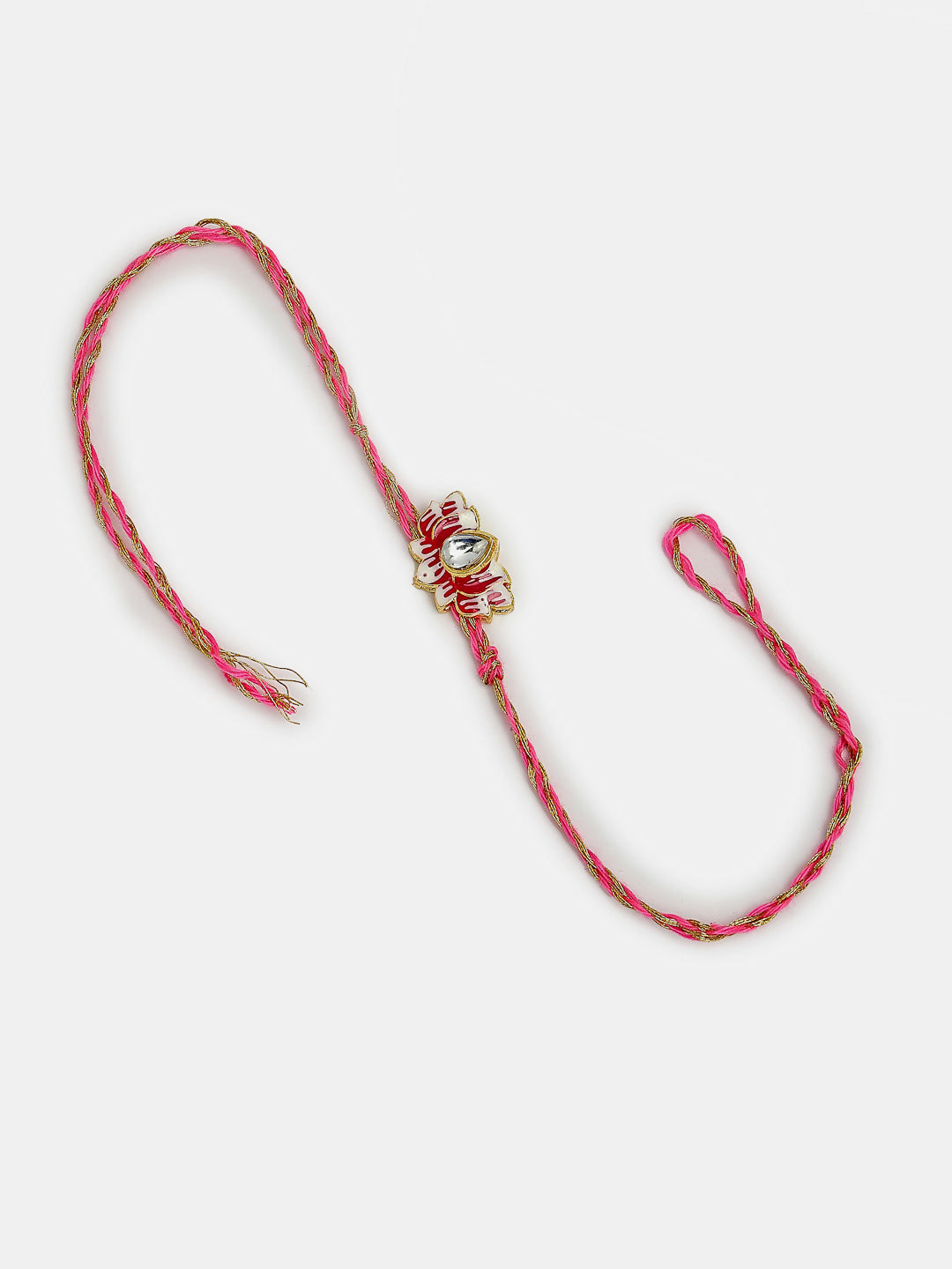 NVR Women & Men Set of 2 Pink Lotus Shape Kundan-Studded & Beaded Wraparound Rakhi Set With Roli Chawal & Chocolate