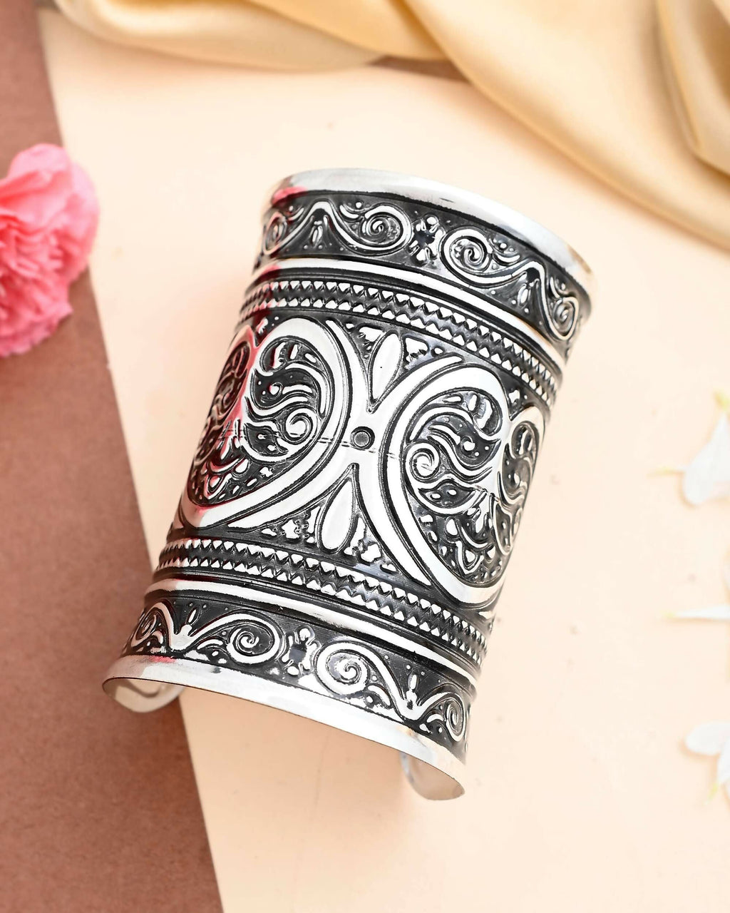 VOJ Silver Plated Oxidised Long Cuff Bracelet