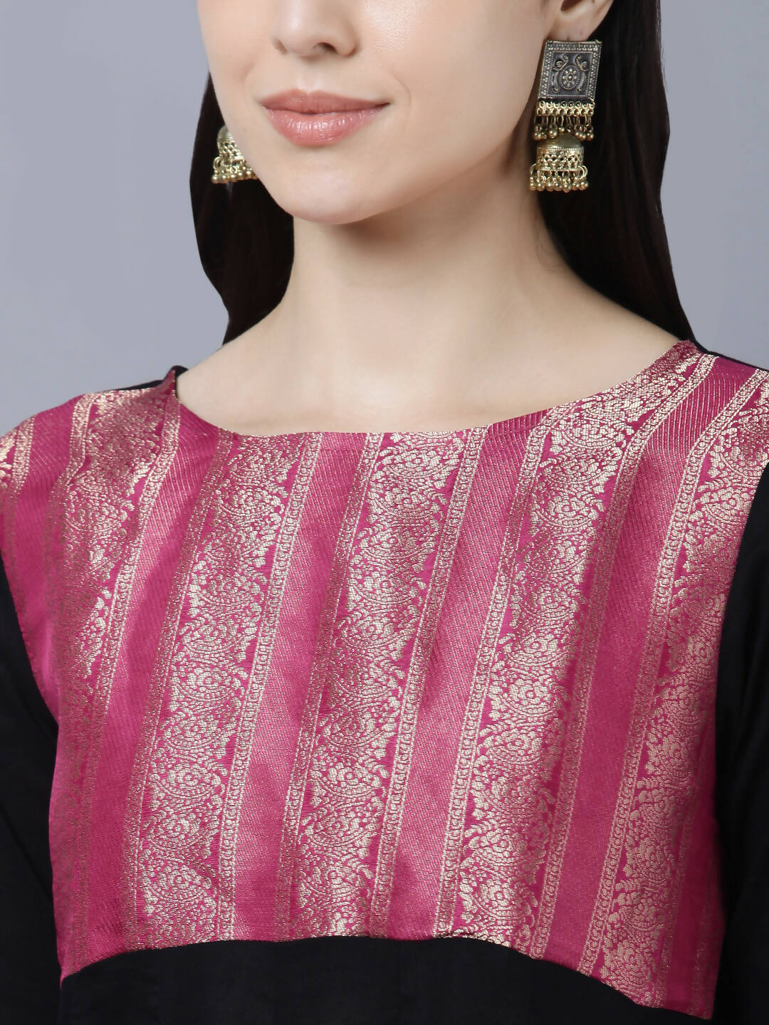 Myshka Women Black Peach-Coloured Colourblocked Cotton Anarkali Kurta
