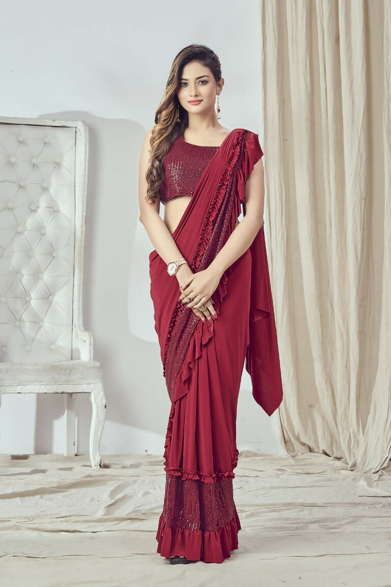 Mahotsav Women's Red Lycra Embellished Ready To Wear Saree With Stitched Blouse