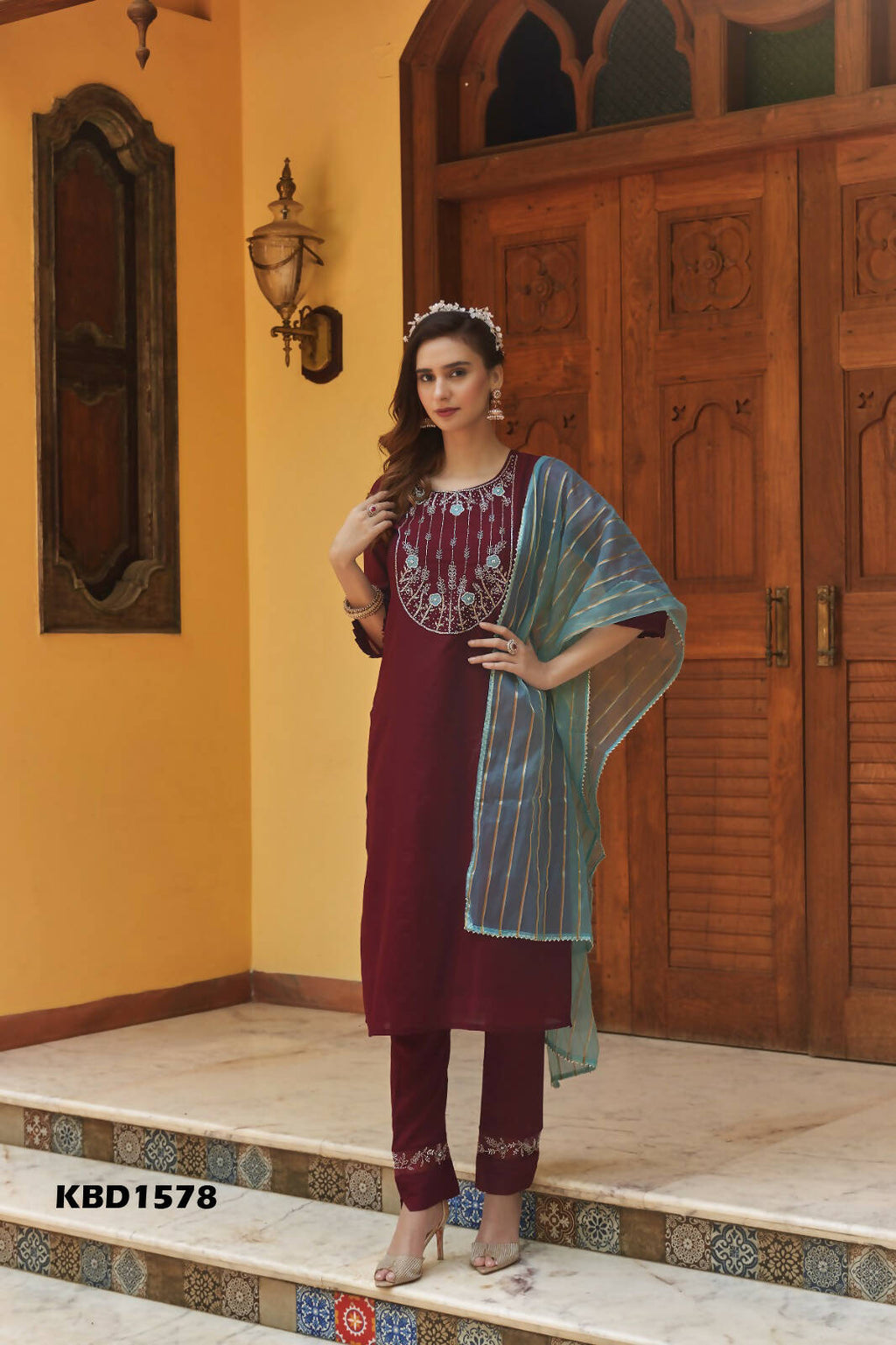 Wine Chinon Embroidered Kurta and Bottom with Dupatta - Akashara