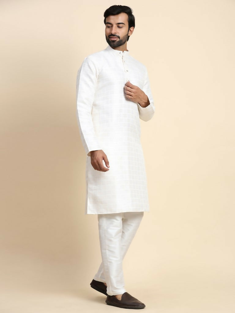 White Viscose Jacquard Woven Jacquard Designer Men's Rajwadi Kurta Set - Mahotsav