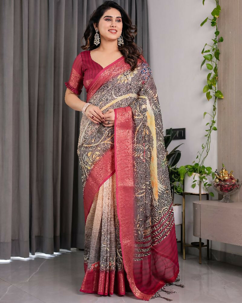 PR Fashion Wine Pure Handloom Linen Saree