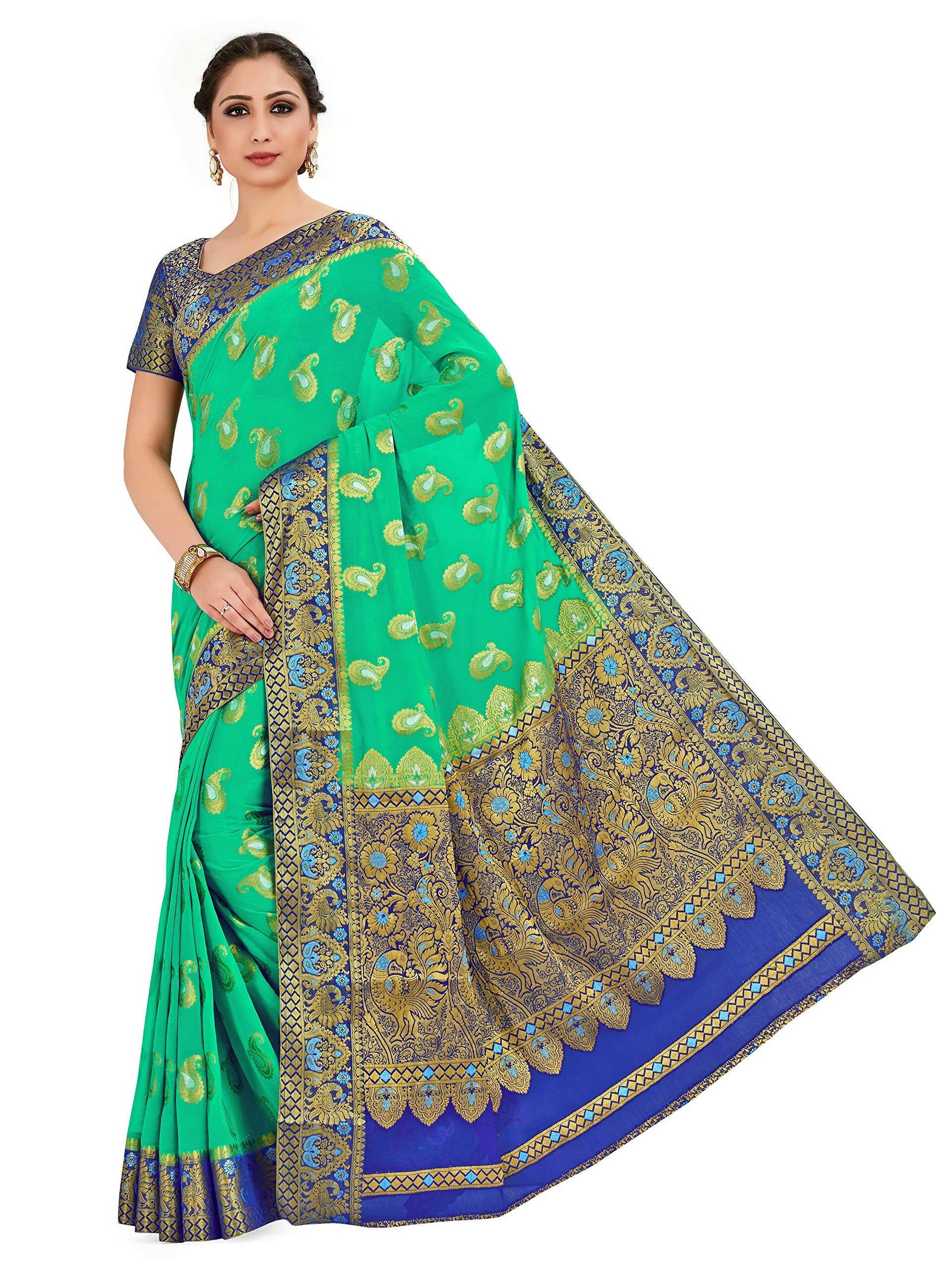 Mimosa Women's Green Banarasi Chiffon Saree