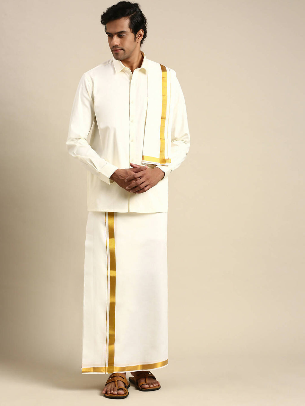 Ramraj Cotton Wedding Cream Zari Dhoti with shirt Bit & Towel Set Akshayam 50k