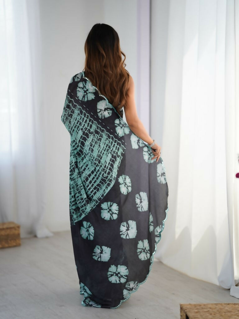 Black Chinon Designer Digital Printed,Mirror Cut Work Saree - Sohni
