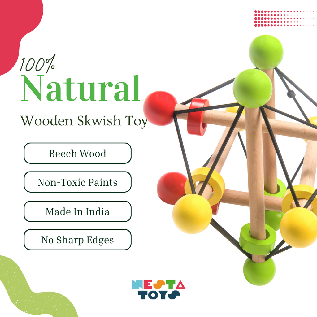 Nesta Toys Skwish Baby Rattle and Teether, Grasping Activity Toy, Wooden Toy for Babies, Montessori Toy (6+ Months)