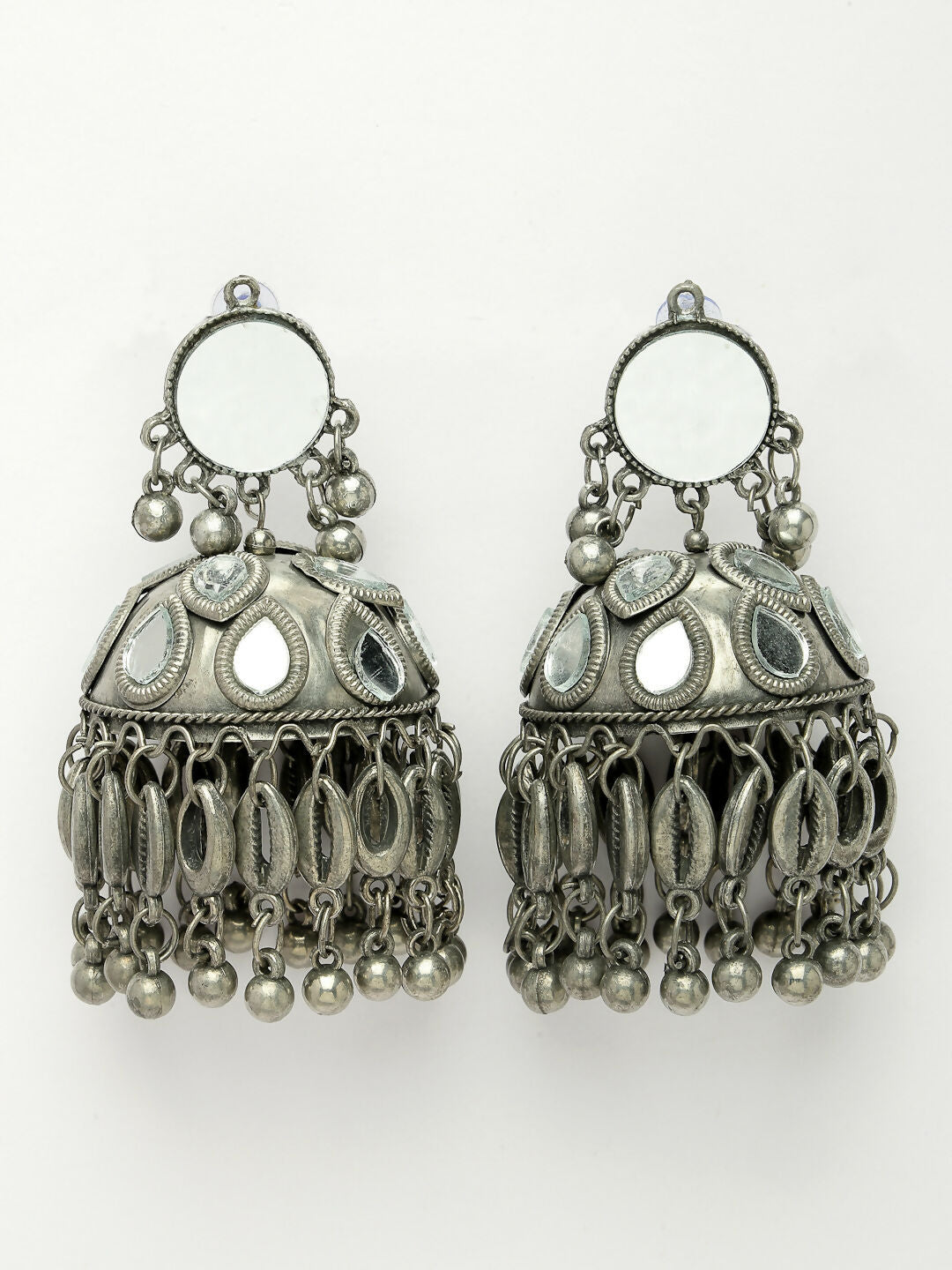 NVR Women's Silver Plated Mirror Work Oxidised Contemporary Jhumka Earrings