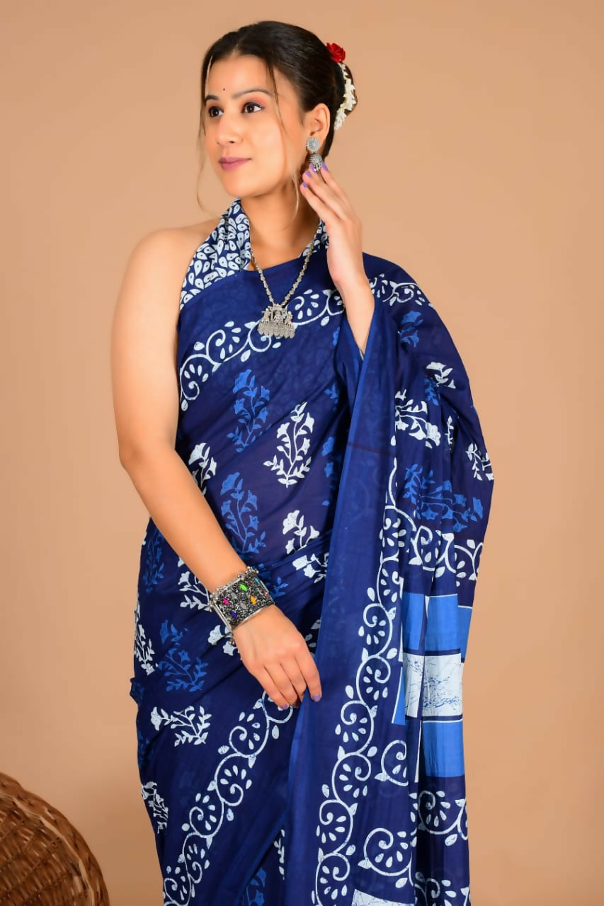 Exclusive Collection Blue Beautiful Mulmul Cotton Saree