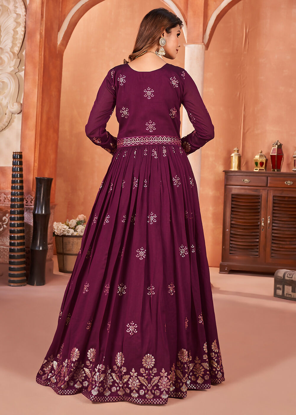 Wine Purple Festive Embroidered Art Silk Anarkali Suit - Emponline