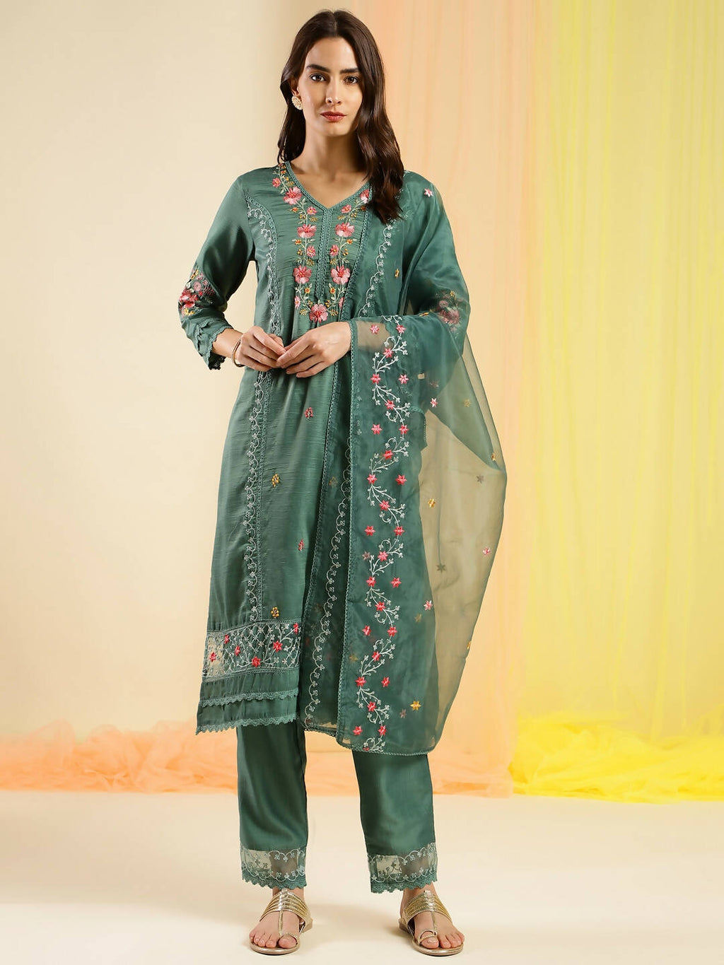 Green Chinon Embroidered Straight Kurta with Trouser & Dupatta - Salimar