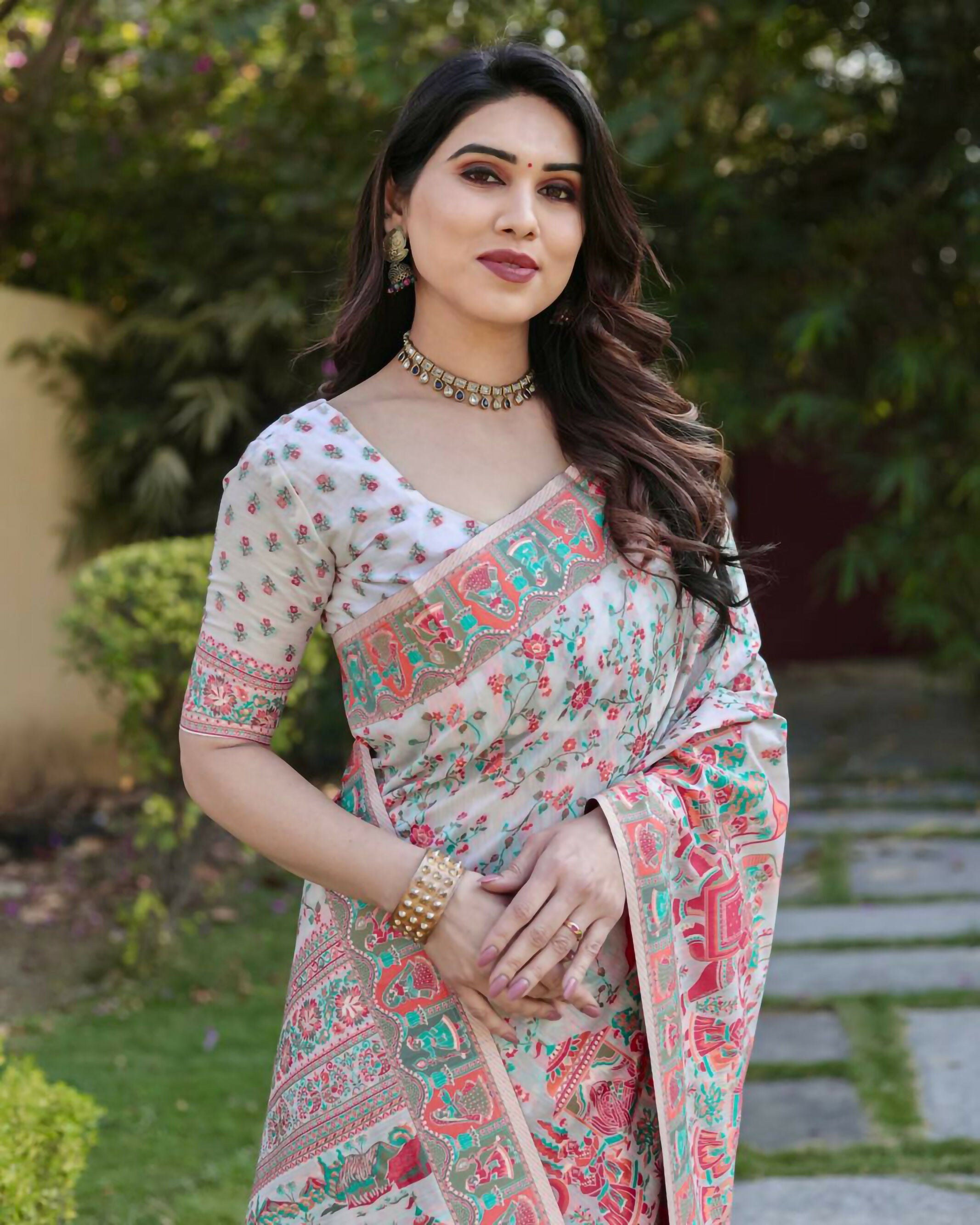 Vastranavya Luxury and Beautiful Soft, Smooth, Flowing Original Pashmina Soft Cotton Saree with Matching Blouse Fabric - Off White
