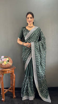 Vastranavya Sea Green Chinnon Silk Embroidery Multi Sequence & Arco Cut Work Ready to Wear Saree