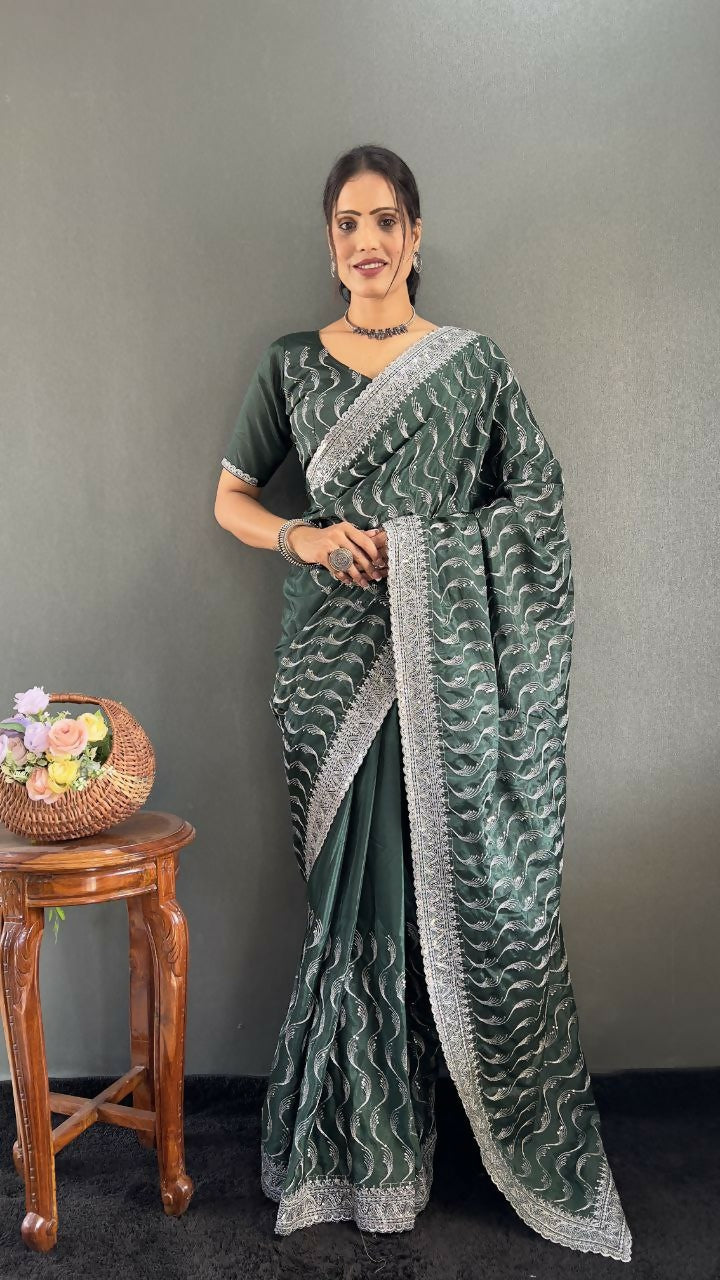 Vastranavya Sea Green Chinnon Silk Embroidery Multi Sequence & Arco Cut Work Ready to Wear Saree
