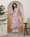 Vaasva Women Peach Floral Cotton Printed Flare Kurti With Pant