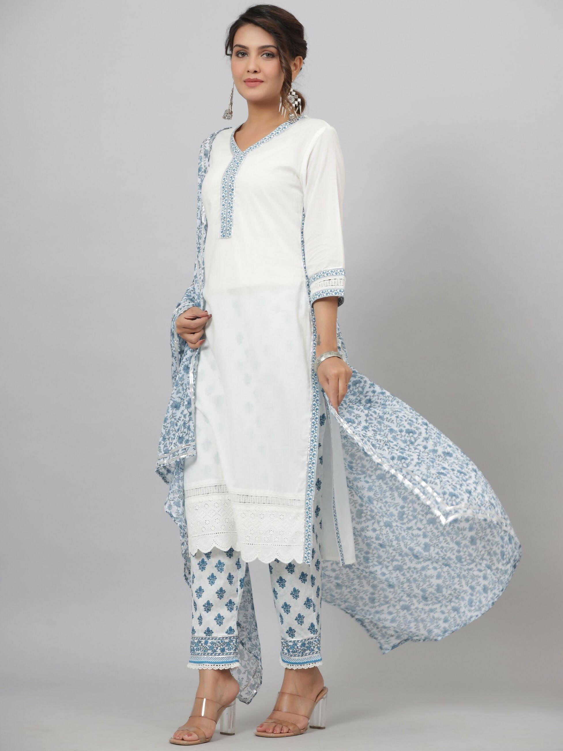 Juniper Women's White Cotton Cambric Solid Kurta Floral Printed Pant & Dupatta Set