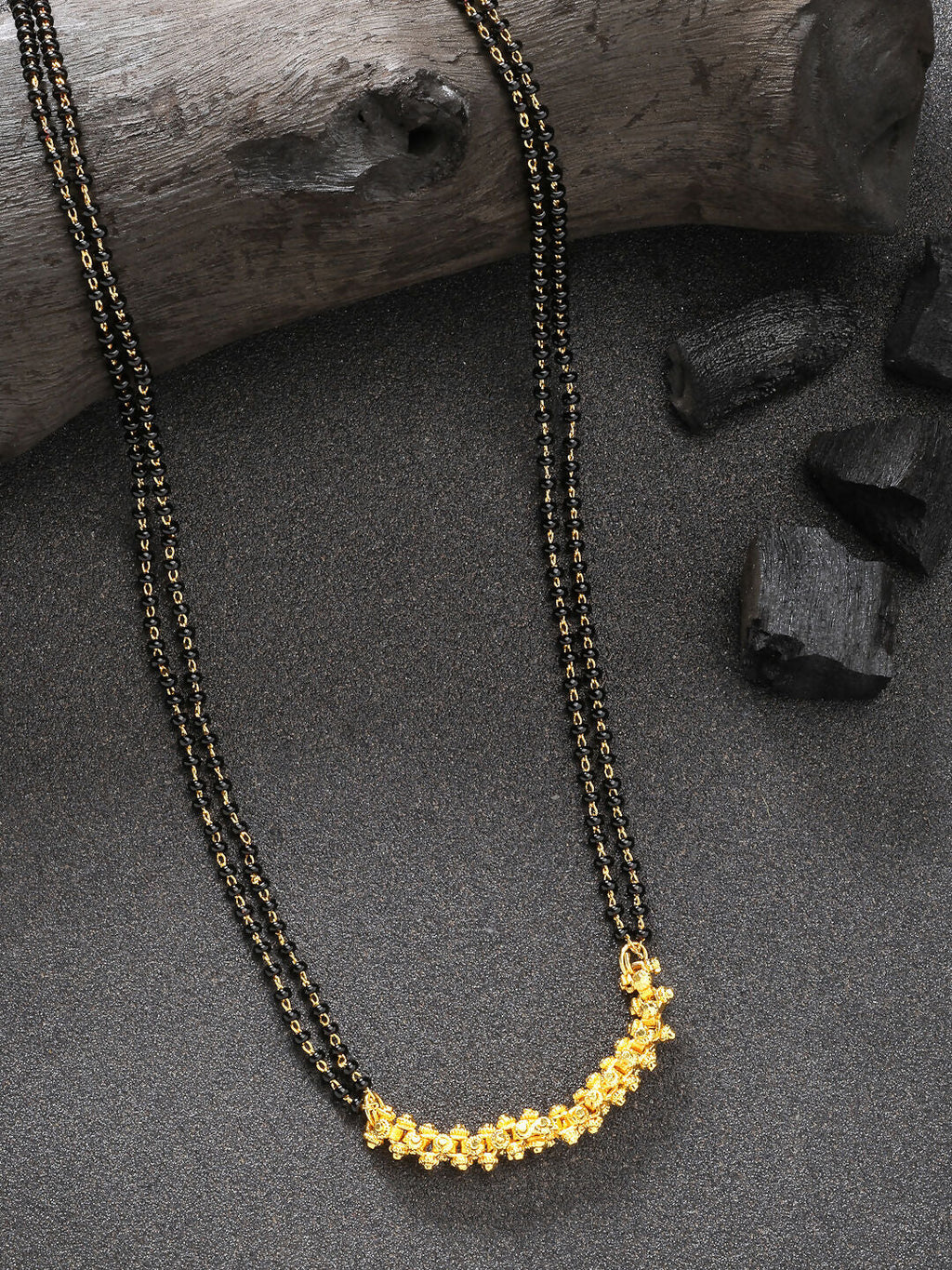 NVR Women's Set of 2 Black Gold-Polished & Beaded Mangalsutra