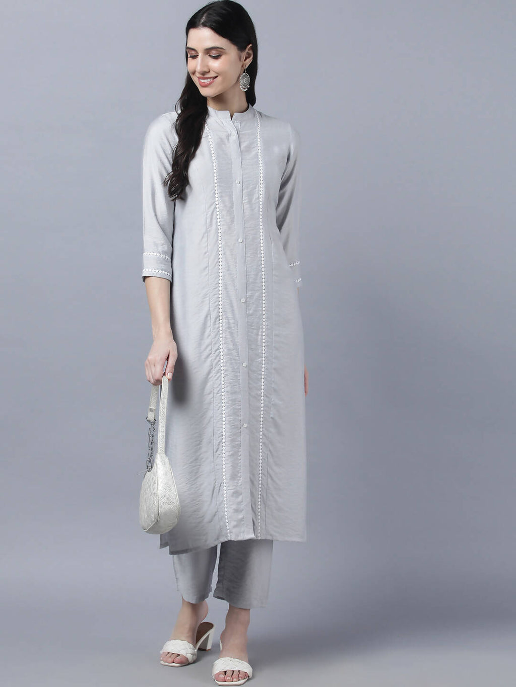 Myshka Stylish Grey Viscose 3/4 Sleeve Women's Kurta Pant Set