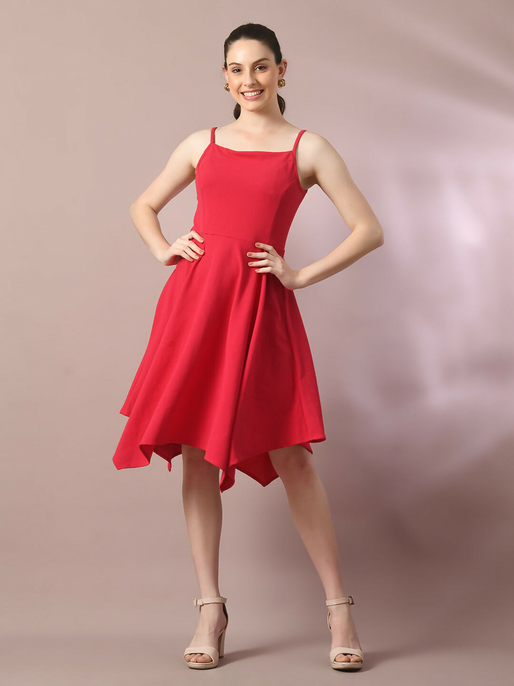 Myshka Women's Pink Solid Shoulder Straps Fit and Flare Party Dress